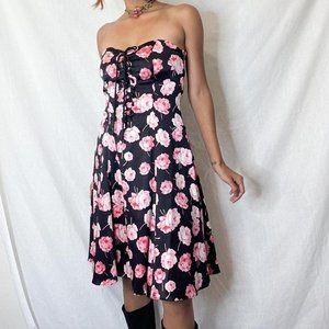 Betsey Johnson Strapless Pink Rose Print Cocktail Dress (0)